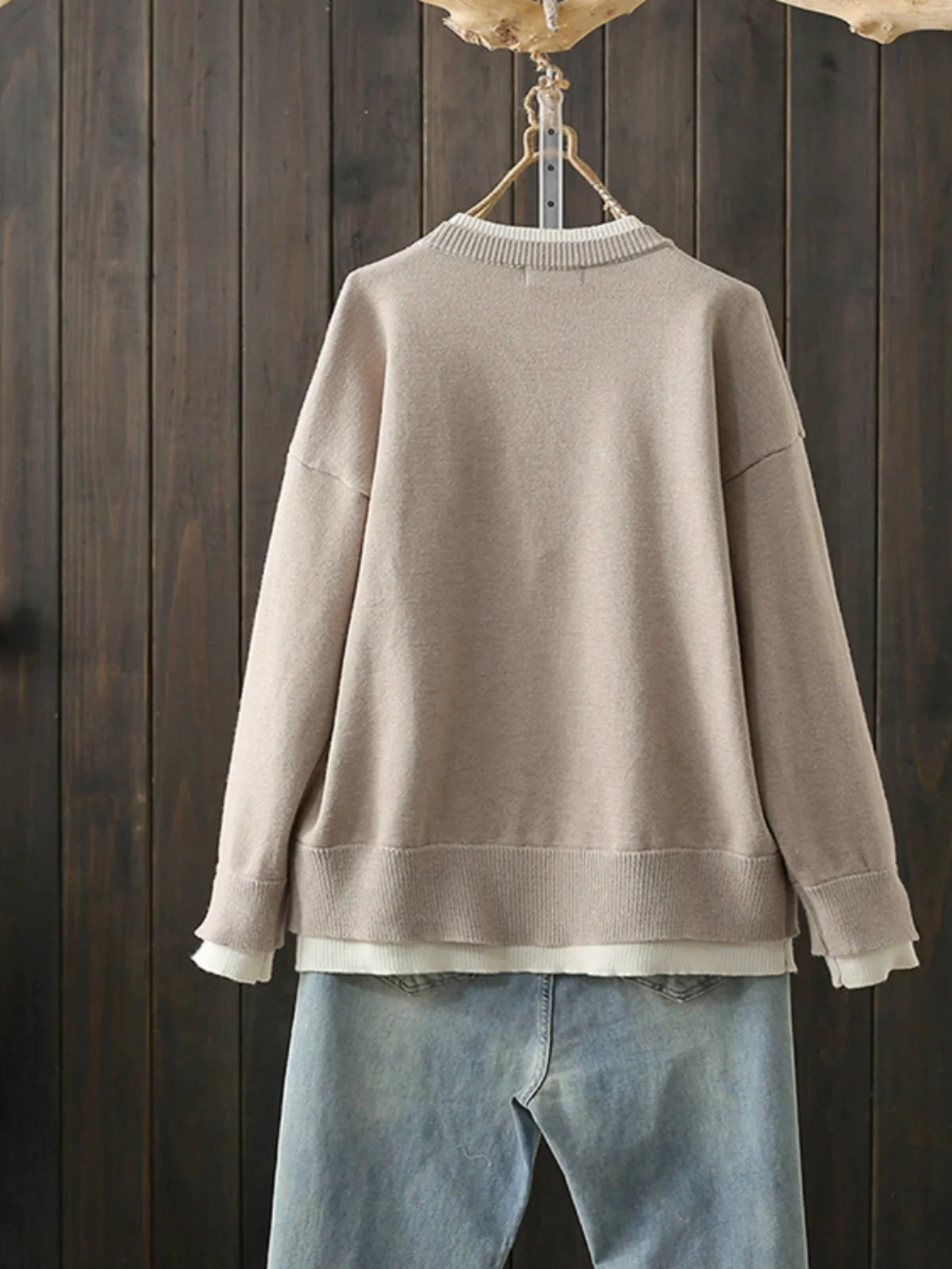 plus Size Autumn Winter Knitwear round Neck Loose Slimming Splice Split Trendy Sweater Warmth Heating Pure Color Commute Style