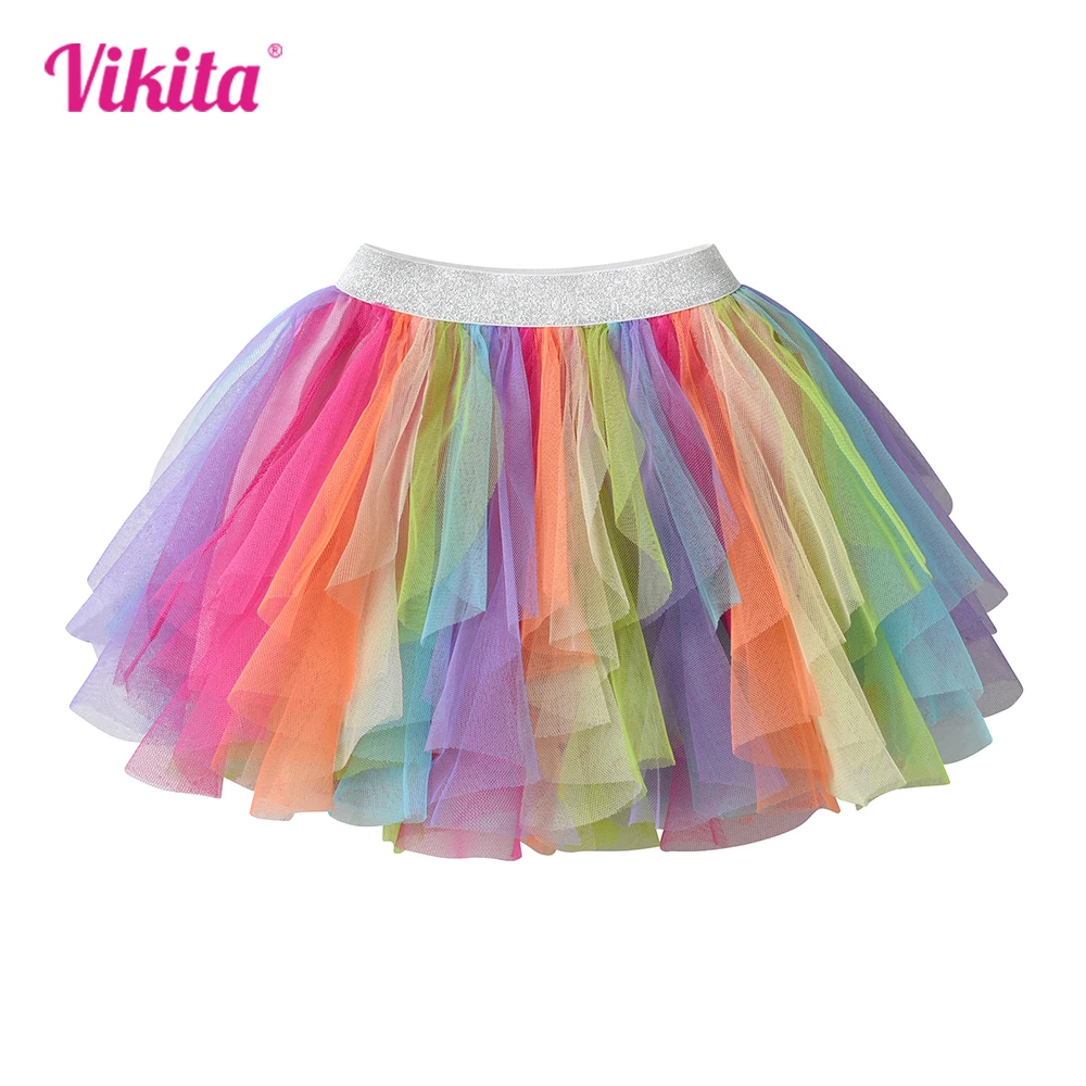 

VIKITA Girls Colorful Rainbow Skirts Kids Layered Mesh Tulle Tutu Ballet Mini Skirt Girls Irregular Multicolor Princess Skirts