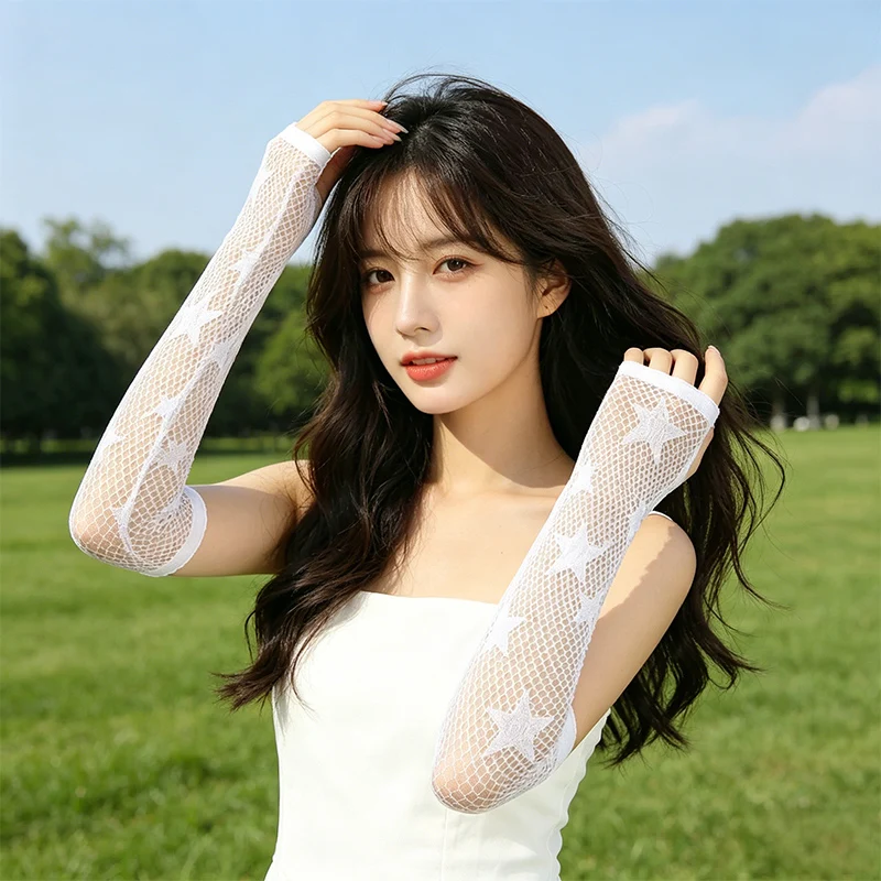 Star Fishnet Gloves Dark Ripped Hollow-Out Sleeves Punk Goth Mesh Long Arm Sleeves Half-Finger Accessories view 2