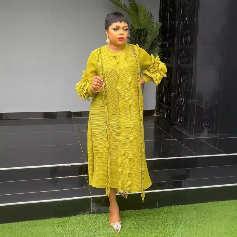

2025 Autumn Pleated Net Color Hand-cranked Flower Dress Laser Beaded Dense Edge African Loose Long-sleeved Dresses Women