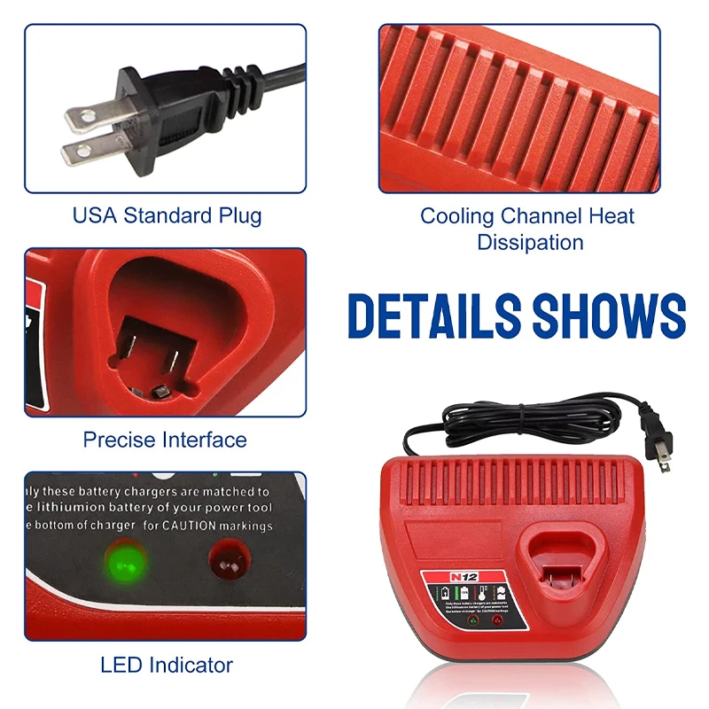 Sostituzione del caricabatteria agli ioni di litio per Milwaukee 48-59-2401 caricabatterie per batteria Milwaukee M -12 batteria 12V (senza batteria)