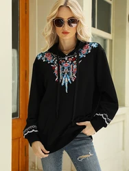 Khalee Yose boho Embroidery Hoodie Pullover Sweatshirt Black Cotton Autumn Loose Harajuku Vintage Streetwear Female 23XXXL Tops