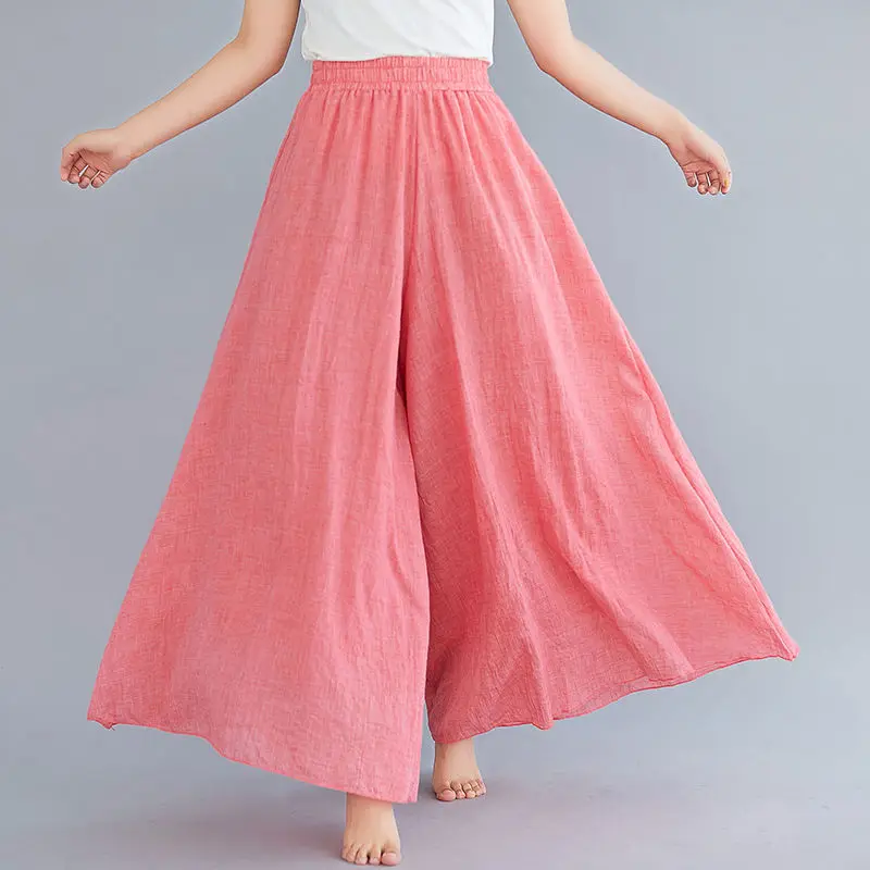 

Women Wide Leg Baggy Pant Skirt Chiffon Lining Cotton Linen Trousers Vintage Harajuku Casual Loose Trousers Elegant Pantalones