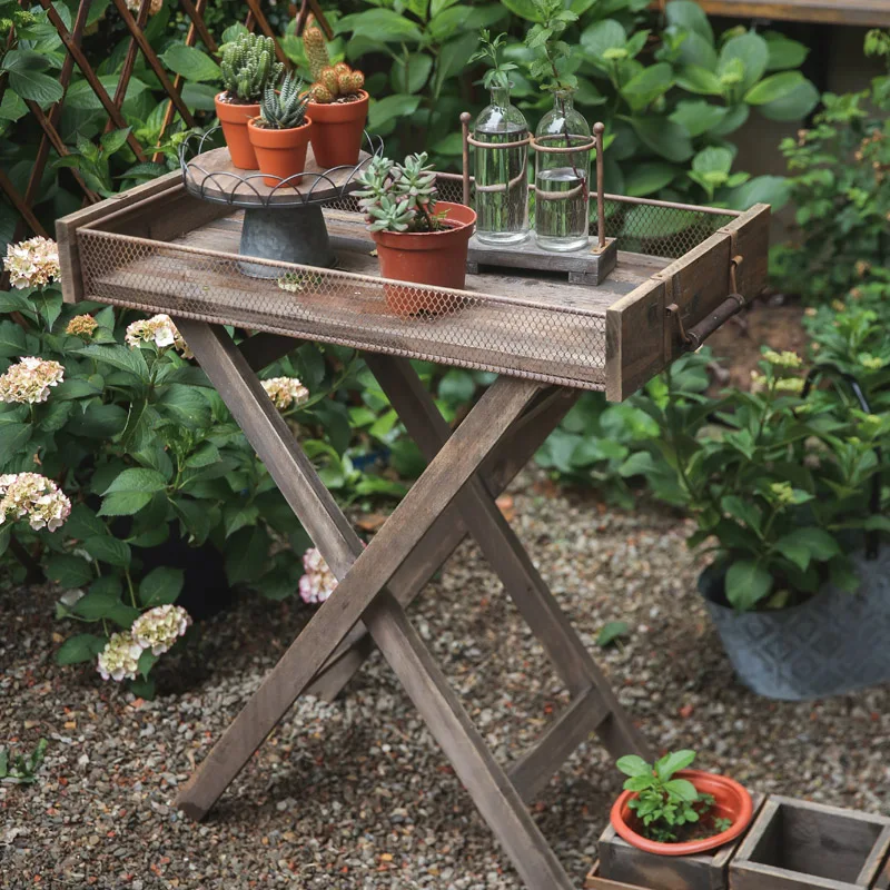 

Wooden gardening tray table, potted plant, flower stand, garden ornament