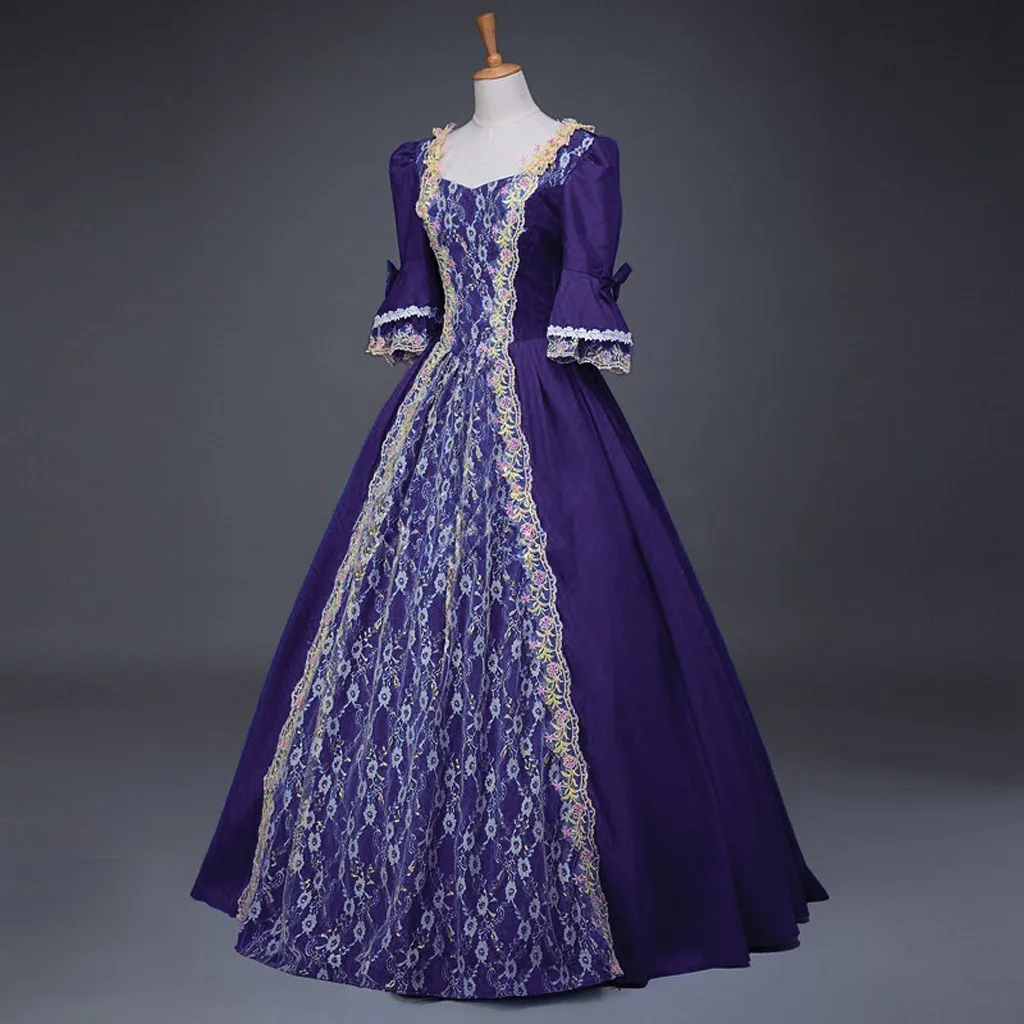 Robe de Style Rétro pour Femme, Costume de Bal Victorien de la Renaissance Médiévale, Reine Princesse, Col Carré, Épissage en Dentelle