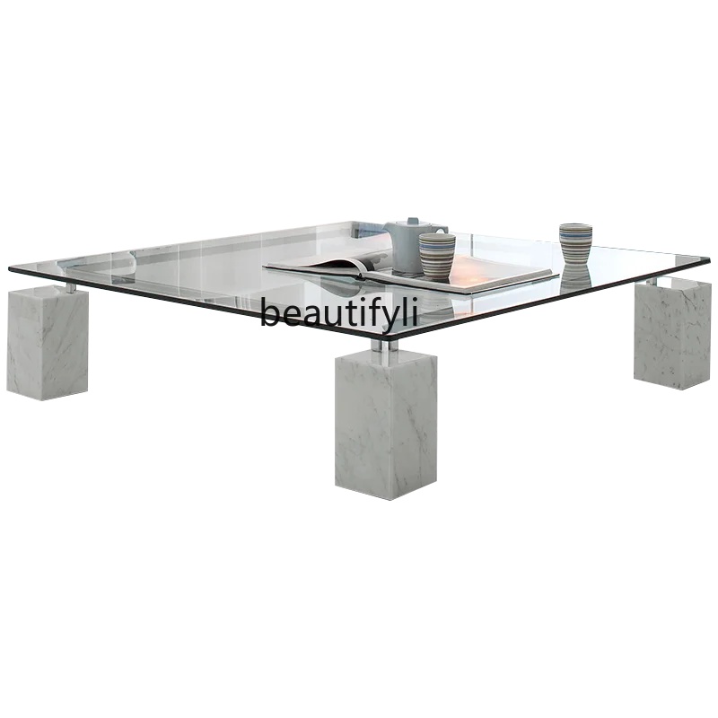 

Italian Minimalist Stainless Steel Glass Tea Table Modern Minimalist Living Room Square Coffee Table High Sense