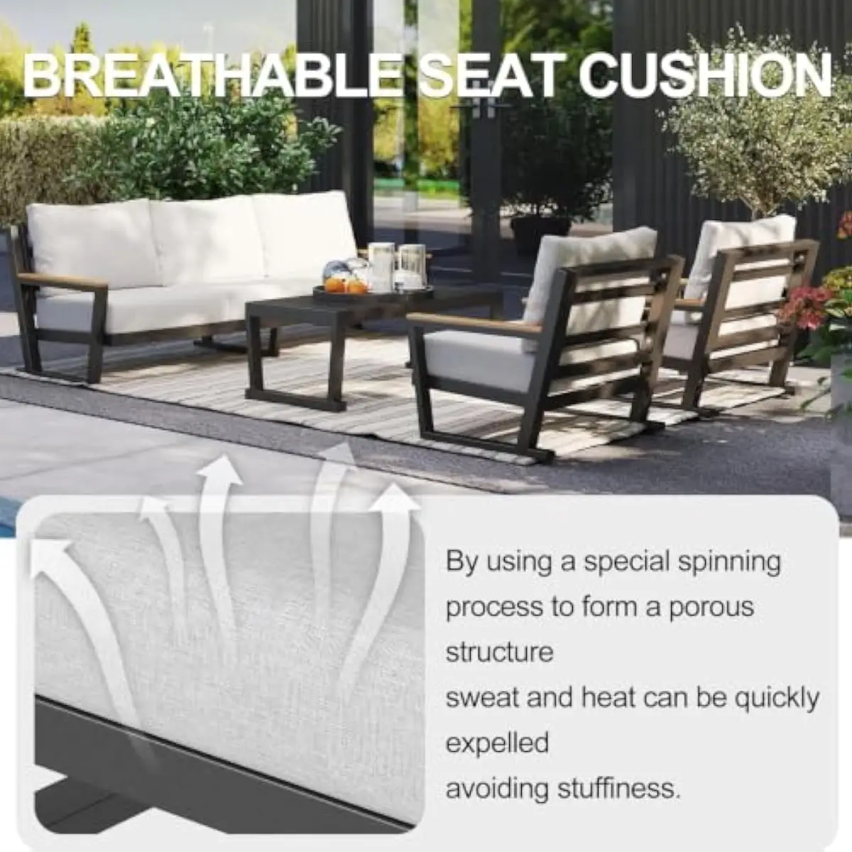 5‑Seat Aluminum Outdoor Sectional with Rectangular Coffee Table, Weatherproof Olefin Cushions, Non‑Slip Feet, Ergonomic Curved S