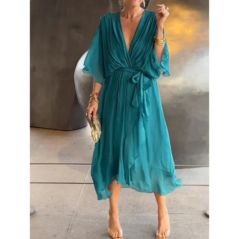 Women Crossover Deep V Neck Dresses Elegant Bat Sleeve See-through Mesh Hem Dress Female Commuter Casual High Waist Long Gown 24