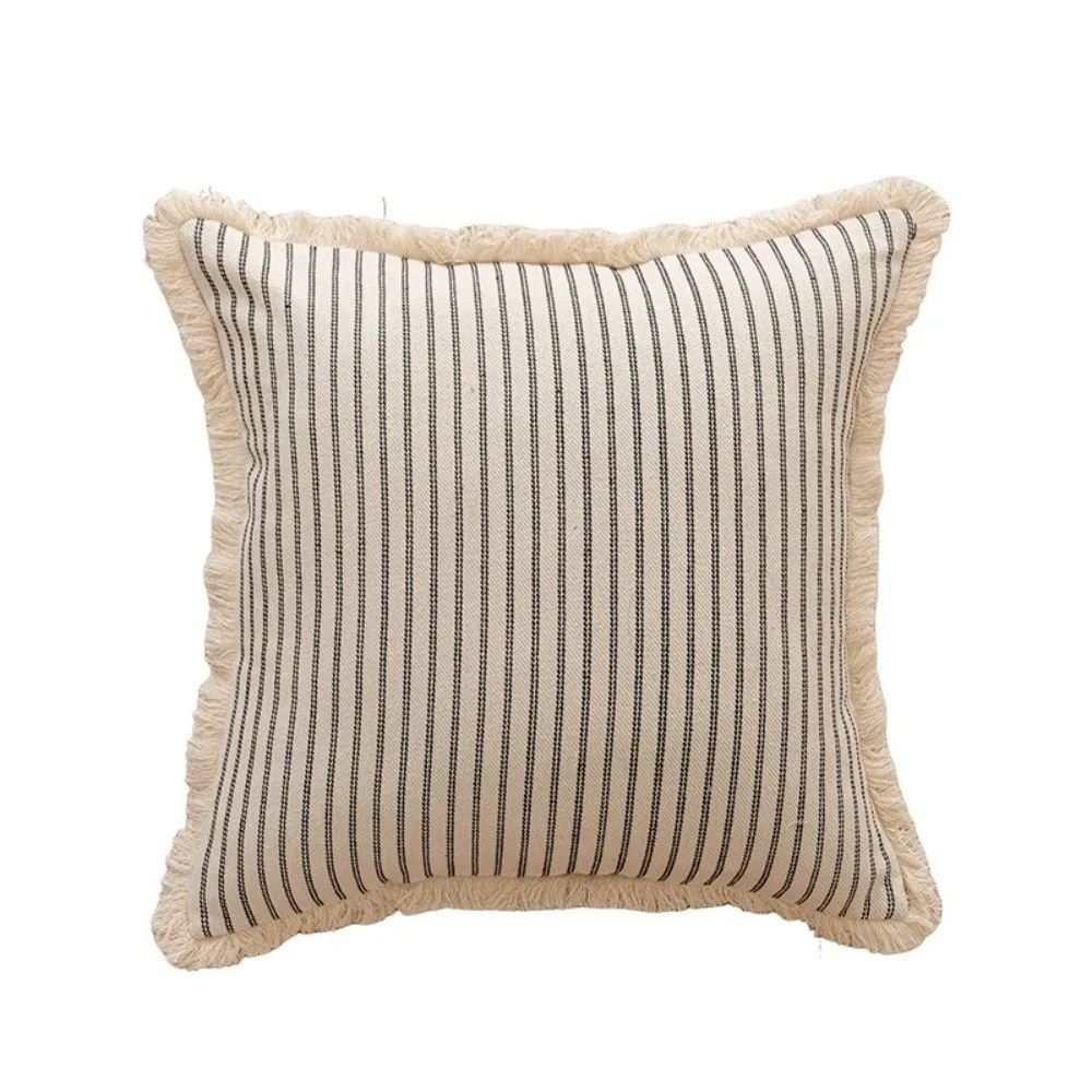 

Practical 50cm Striped Throw Pillow Cover Nordic Style Square Cushion Cover with Tassels Detachable Back Cushion Cover Sofa