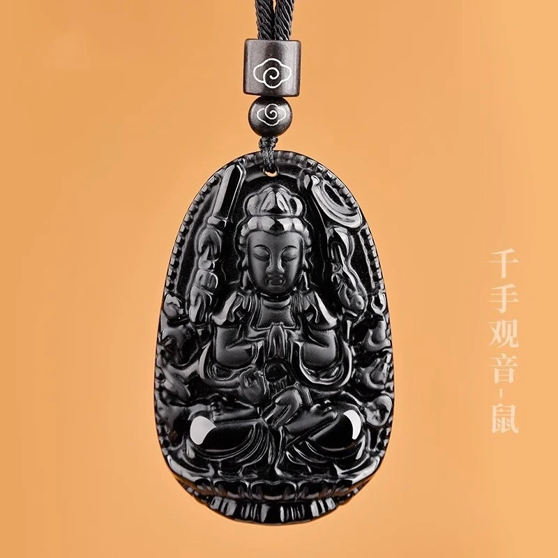 Natural obsidian zodiac Buddha pendant, ethnic style eight guardian deities necklace men and women 6