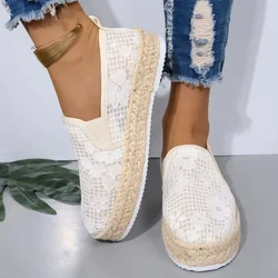 Flax Oriental Retro Breathable Loafers Faux Pearls  Detail Espadrille Flats Simple Mesh Canvas Women Shoes