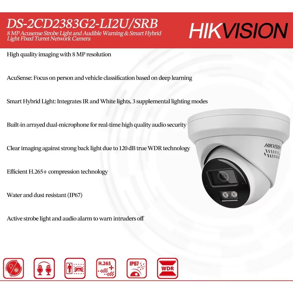 Hikvision DS-2CD2383G2-LI2U/SL(RB) POE ColorVU3.0 Luce stroboscopica Avviso acustico Telecamera di rete a torretta fissa con luce ibrida intelligente