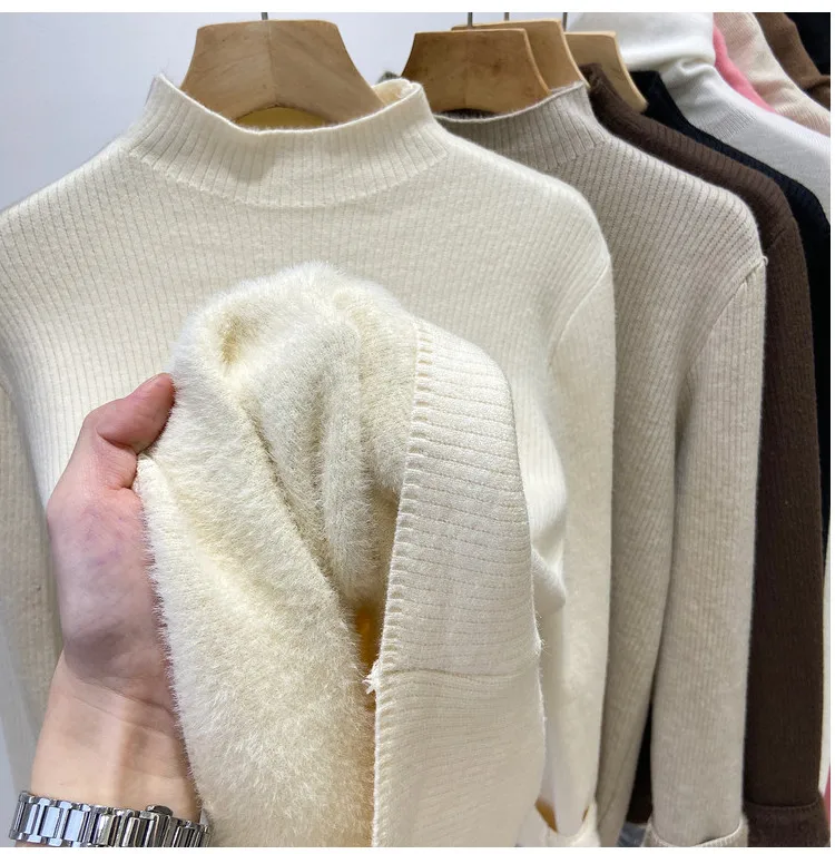 Roll kragen pullover Winter pullover Frauen elegant verdicken Samt gefüttert warm Sueter gestrickt Pullover schlanke Tops Jersey Strick pullover neu – Detail 13