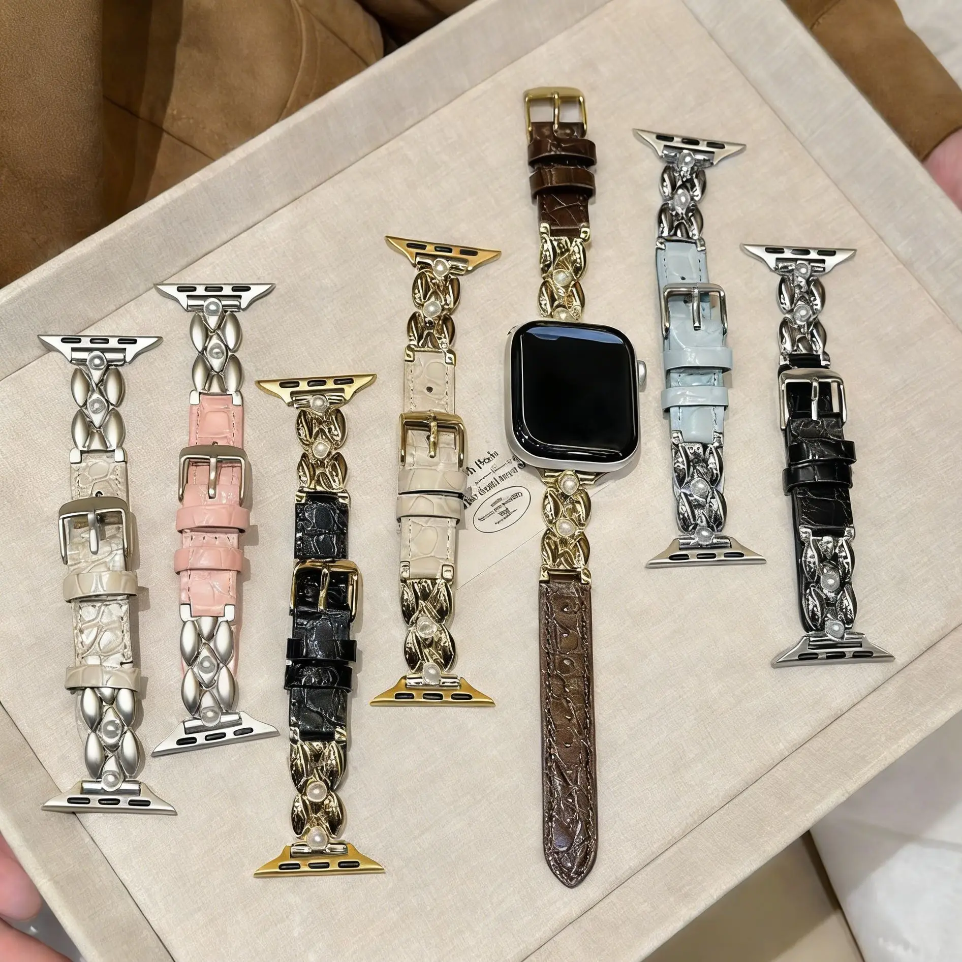 leather watch strap watch connected watch bracelet black watch belt  Women's wristwatch  Phone strap luxury crocodile grain