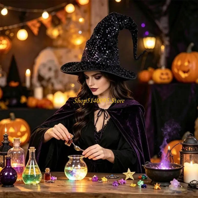 DXAE Decorated Costume Witch Hat with Long Curved Point and Wide Brims for Halloween Costumes, Cosplay, and Theme Party