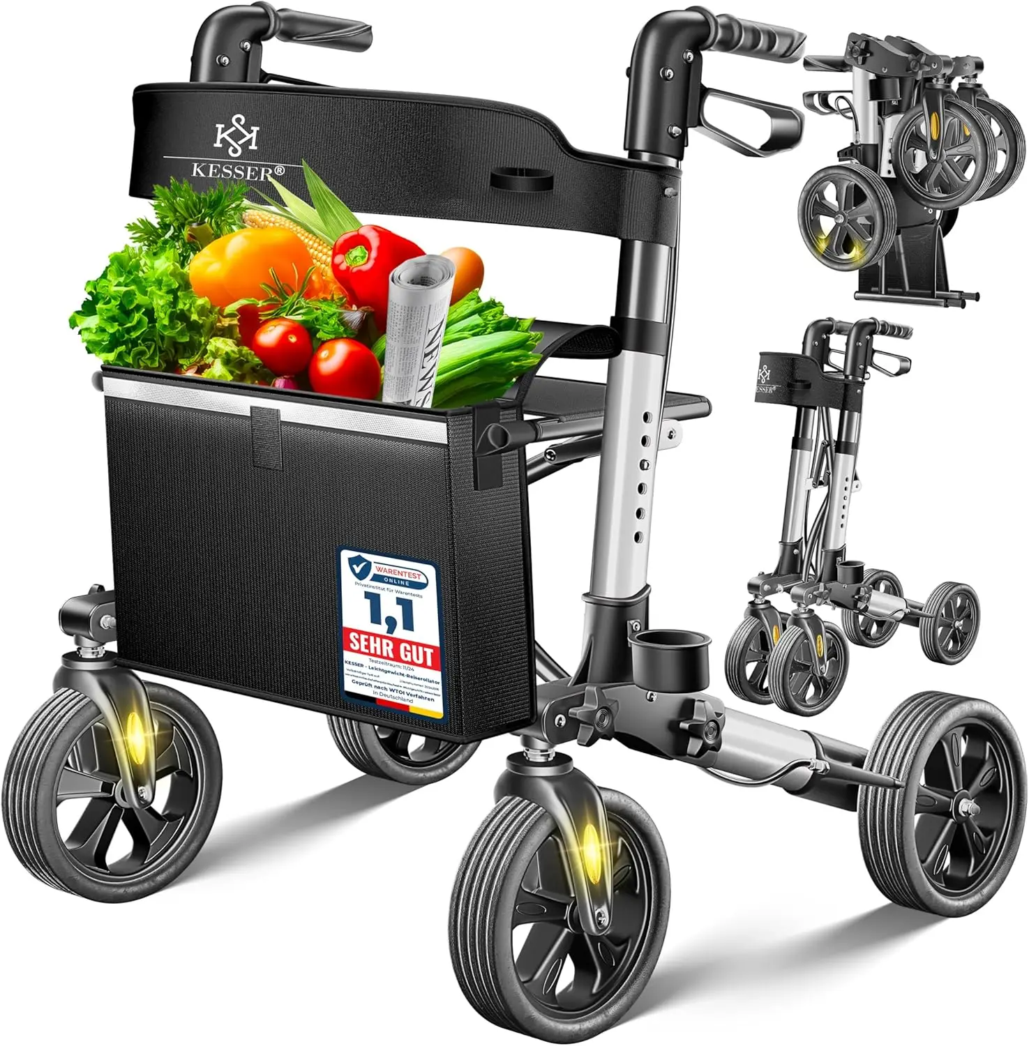 Leichter, faltbarer Rollator mit Sitz, Griff, Tasche, schmal für Senioren, Wohnung, klappbar, höhenverstellbar, reflektierend