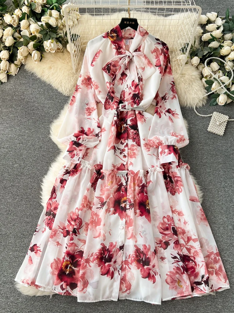 Vintage Printed Tie Front Dress Women Clothing Spring French with Belt Slim Bow Collar Slim Fit Mid Length Dresses