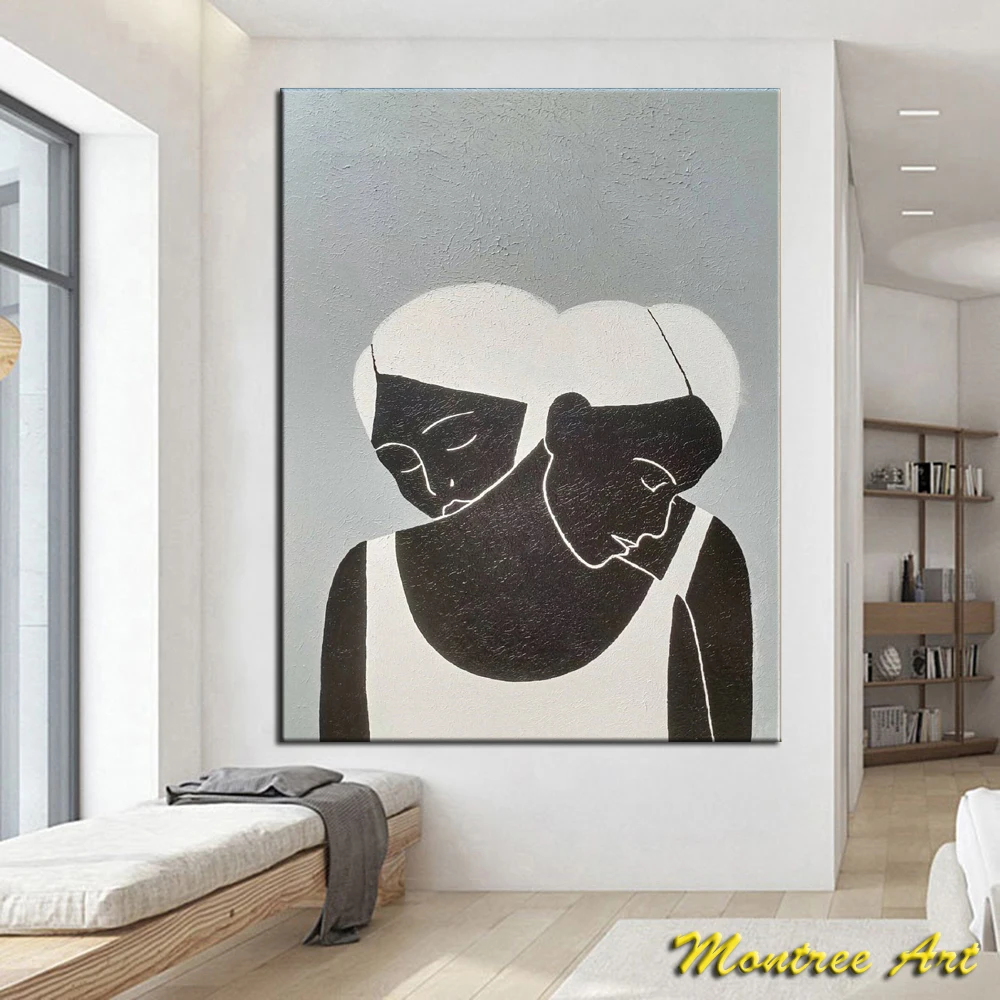 Hand Painted Oil Painting Large Black Women Abstract Painting Original Black and White Abstract Painting Gray Abstract Painting