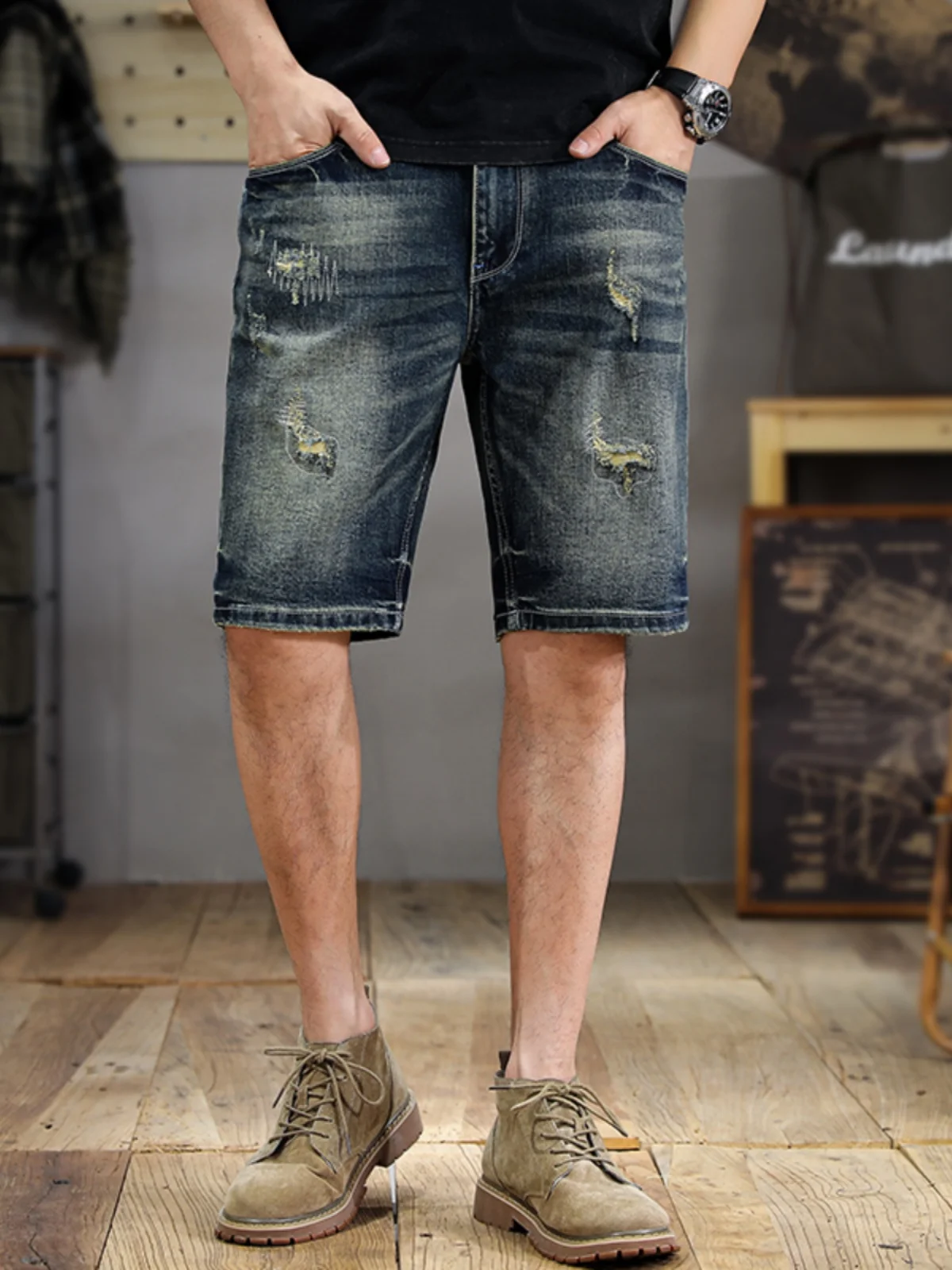 

High-End Retro Print Men's Denim orts Casual Versatile Worn-look Five-ket Pants Tear-resistant Cotton Stretch Jeans