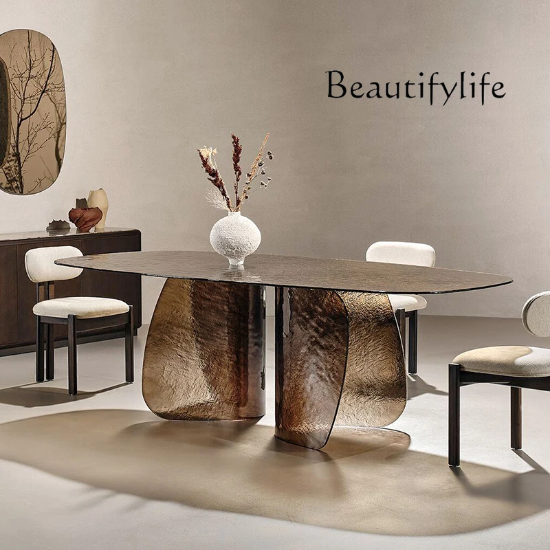 Original Design High-end Hot Melt Craft Stained Glass Dining Table Villa Personality Creative Art Long Table