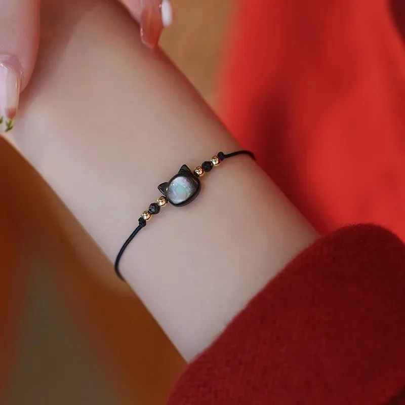 Black White Cat Charm Cord Adjusable Bracelet For Women Natural Moonstone Obsidian Simple Design Handmade Couple Cute Bracelet