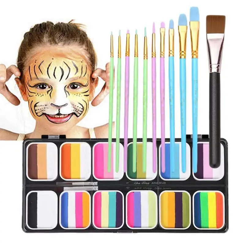 Paleta de pintura facial de arco iris, juego de pigmentos de pintura facial y corporal, profesional, lavable, Kit de maquillaje, 12 colores