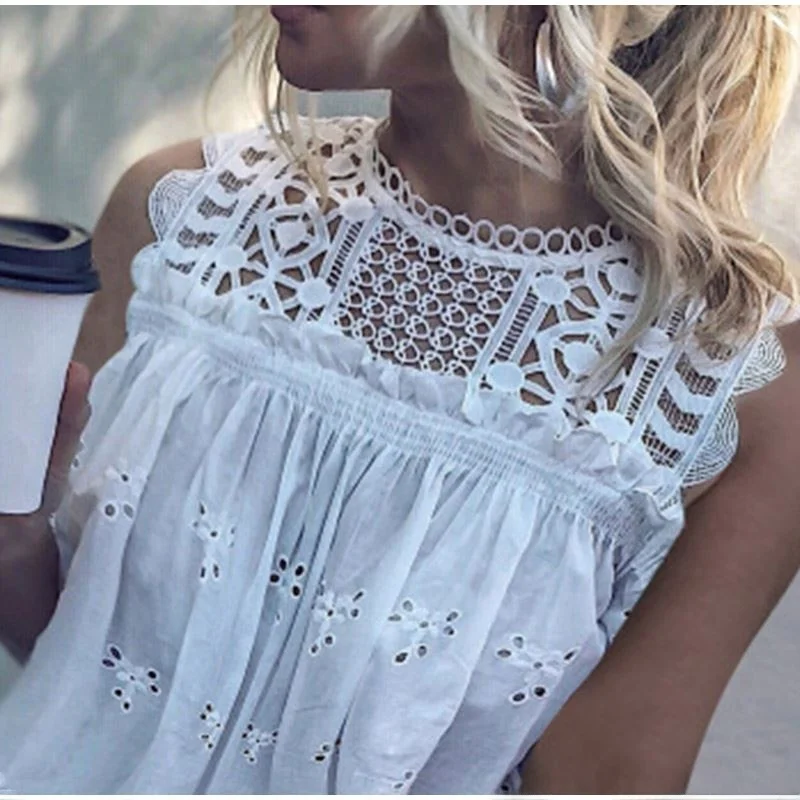 Cseta sin Mangas con Encaje Blanco Calado, Estilo Urbano, Cuello Redondo, Ajustada al Cuerpo, Informal, para Mujer, Tenden...