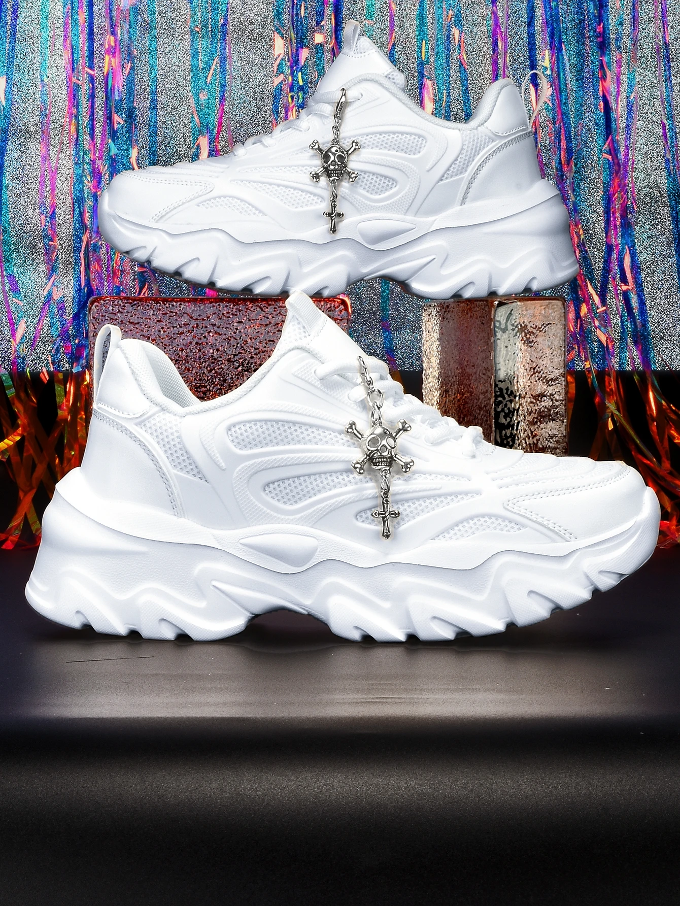 Women's 5cm Height-Increasing Thick-Soled Dad Shoes Y2K Sweet Cool Dark Style with Skull Cross Metal Chain Decoration, Breathable Mesh, Unique Wave-Shaped Sole, White Casual Sneakers, Student Daily Commute, Soft and Comfortable, Trendy Ins Style, Unique Design, Non-Crowded Niche Women's Shoes view 4