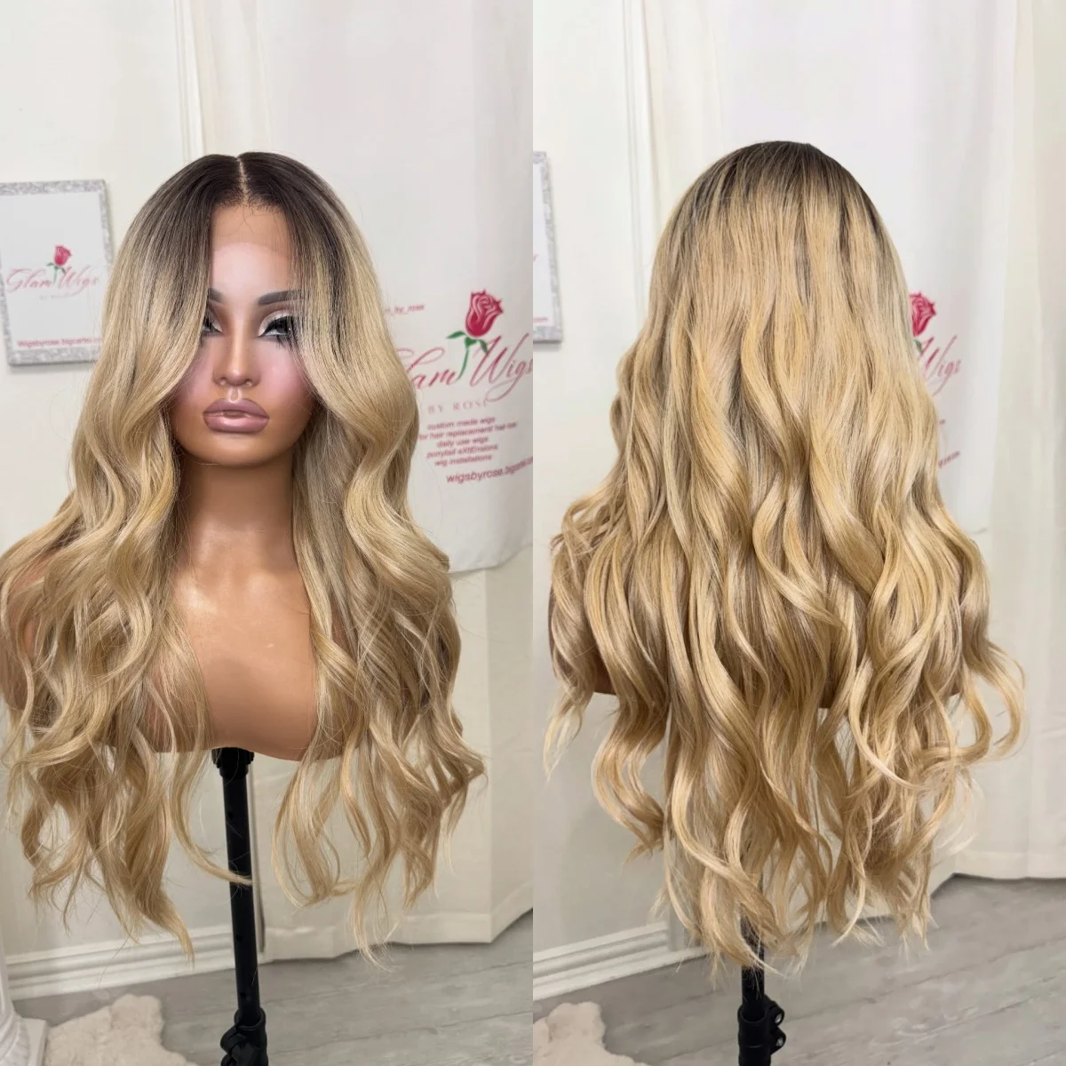 24 Inches Ombre Golden Blonde Synthetic Lace Top Wigs Long Length Loose Wave Glueless Wigs On Clearance Sale Daily Party Used