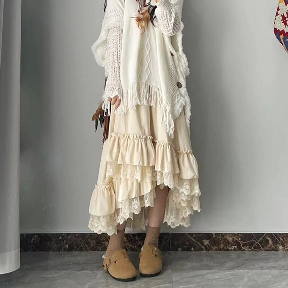 

Bohemian velvet long skirt with thick lace hem and cake skirt, autumn/winter 2025