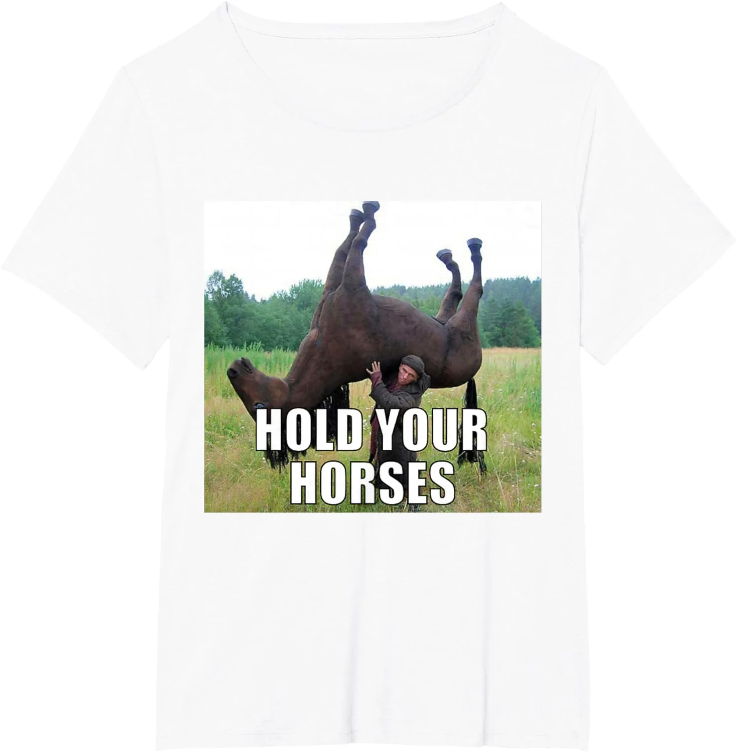 Weißes und schwarzes Kurzarm-T-Shirt mit witzigem Pferdemotiv und dem Text „HOLD YOUR HORSES“, stilvolles, lässiges T-Shirt – Detail 4