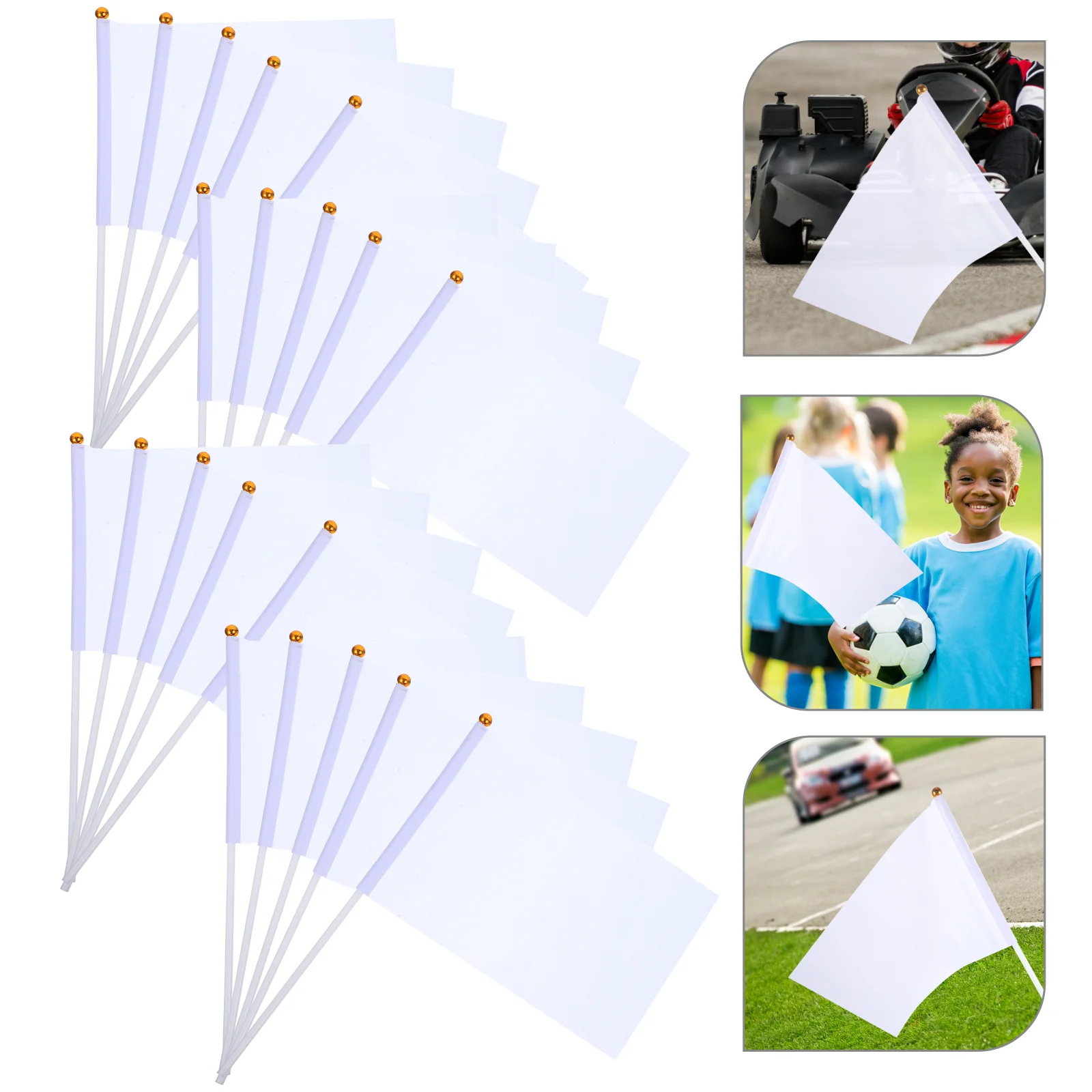 20 Pcs White Commanding Referee Flags Flagpoles Waving Racing Banner for Car Racing Fans Football Supporters Team Sports Bars