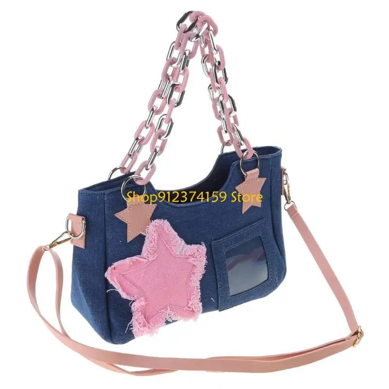 

G5AE Vintage Denims Handbag Purses Y2k Star Tote Bag Convenient Commute Chain Bag