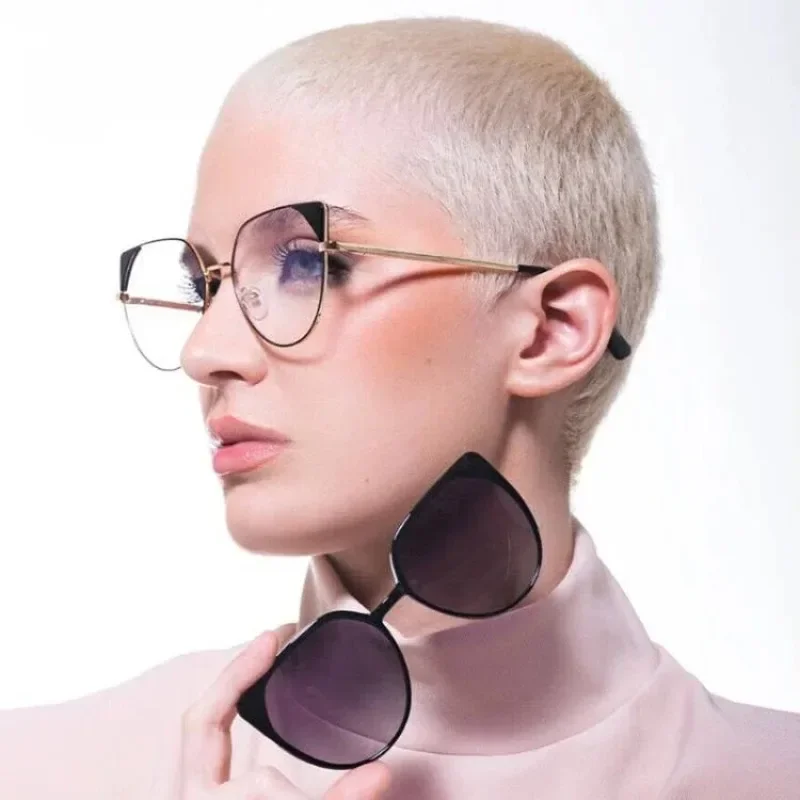BREZ Clip On Prescription Myopia Glasses Women Magnetic Fashion Optical Geometric Cat Eye Driving Polarized Sunglasses 95997