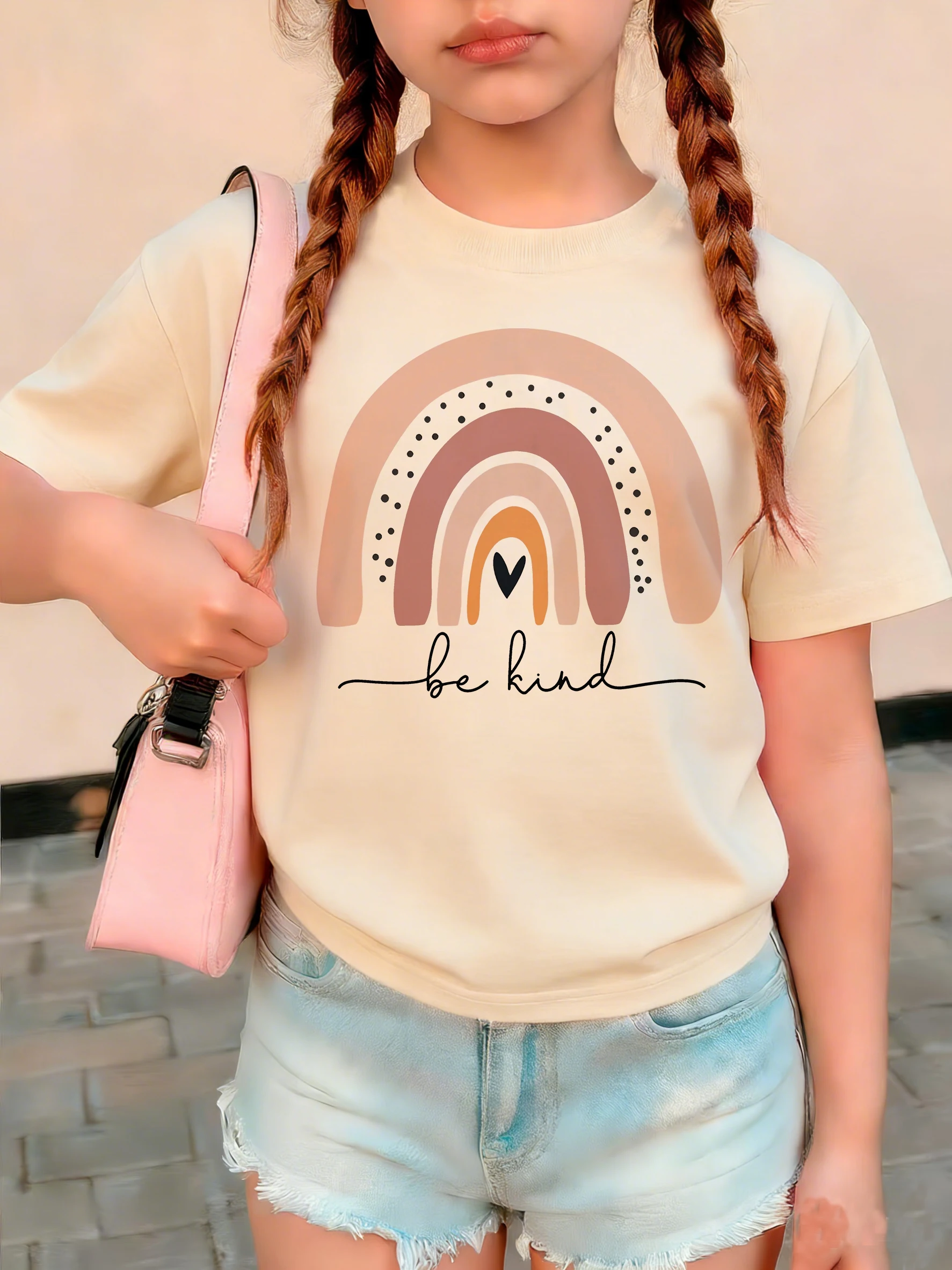 Regenbogen-Cartoon-Print Mädchen-T-Shirt aus Reiner Baumwolle mit Rundhalsausschnitt und Kurzen Ärmeln Trendiges Oberteil Kinderkleidung Lässiges Frühling-Sommer-T-Shirt