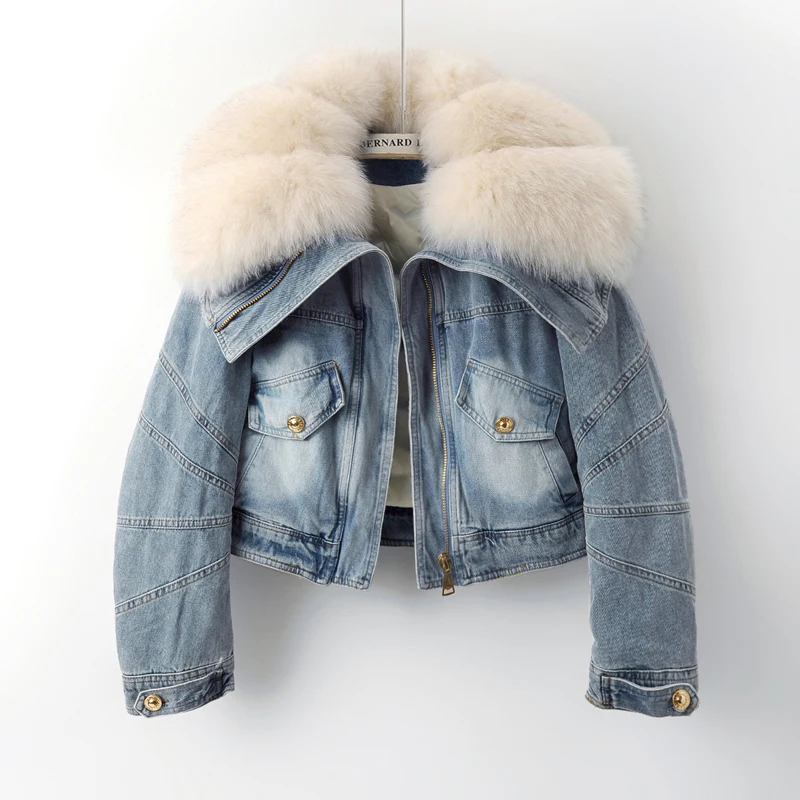 Big Fox Fur Collar Down Cotton Denim Jacket Women Vintage Cowboy Outerwear Winter Thick Loose Short Zipper Jeans Jacket Female