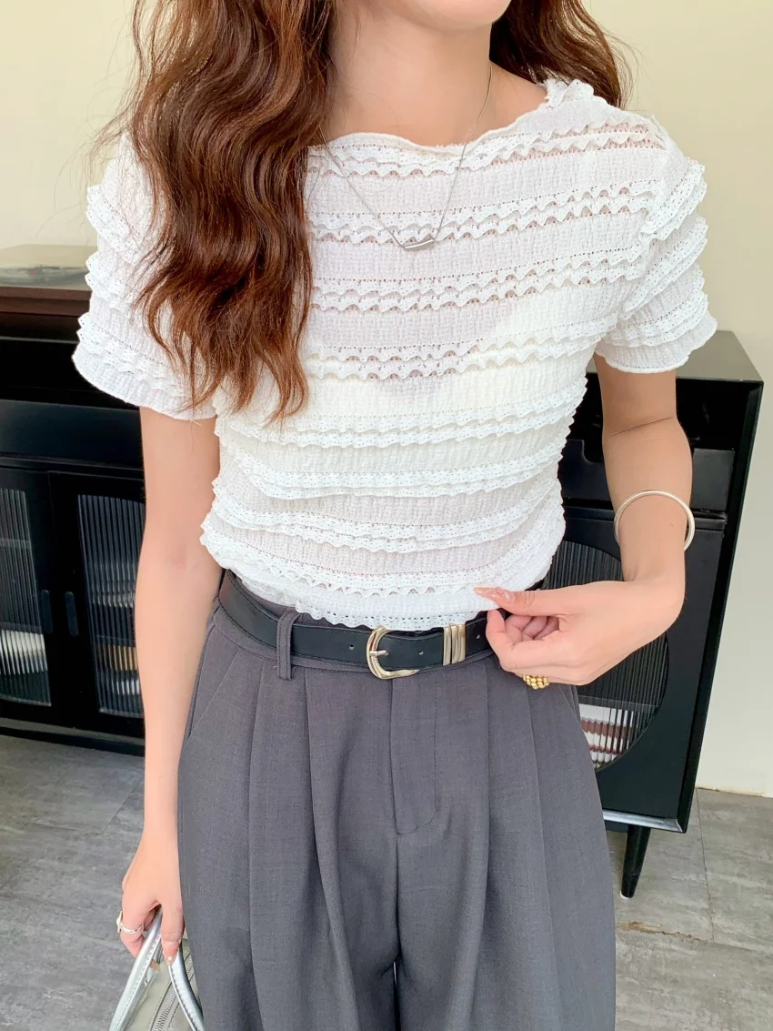 

Alien Kitty Slim Lace Blouses Short Sleeve Chic Women Summer 2025 OL Ruffles All Match Sweet Girls Mujer Daily High Street
