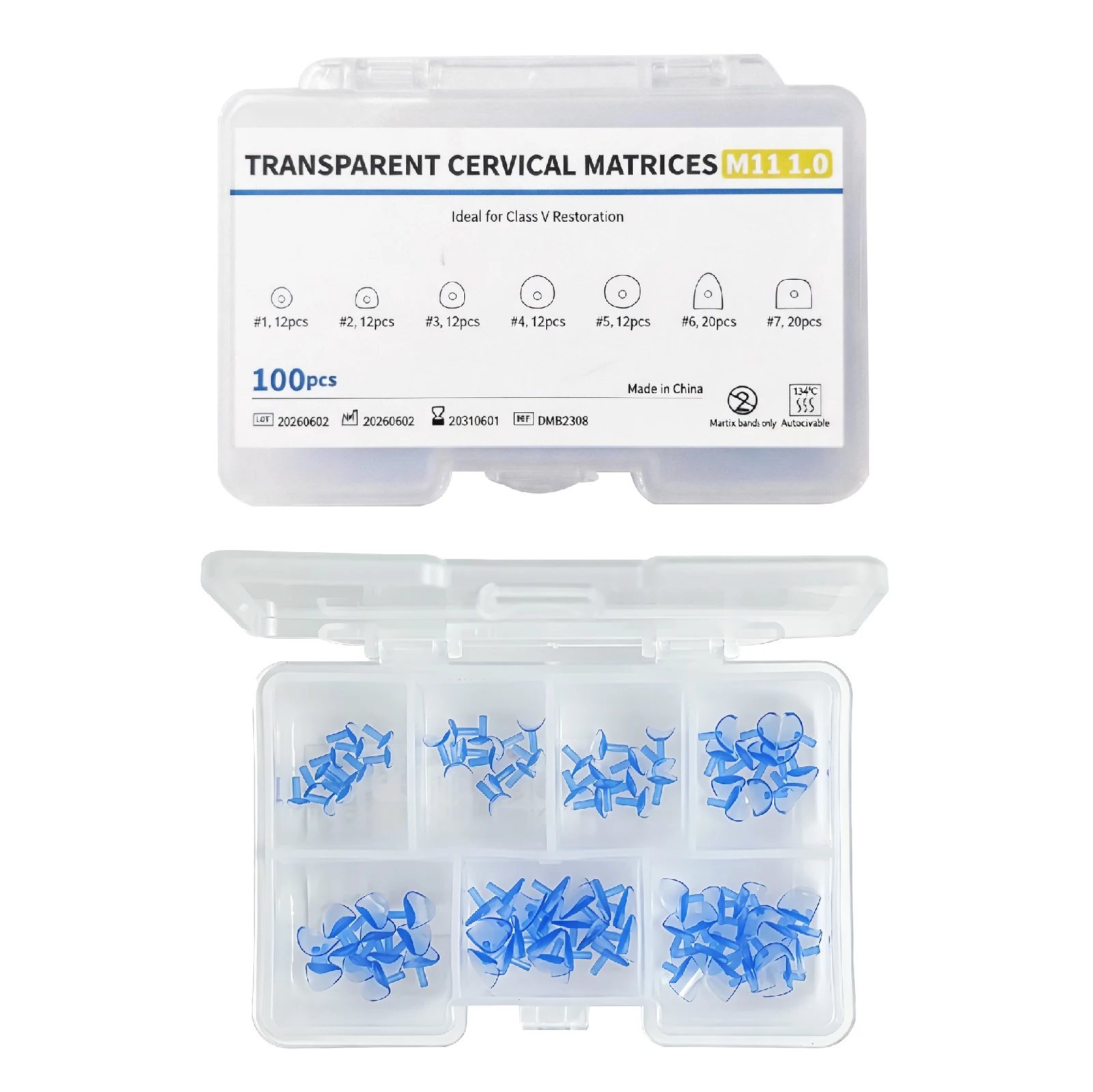 100pcs Anatomically Shaped Blue Transparent Dental Cervical Matrices M11 with 2 Handles for Class V Restorations
