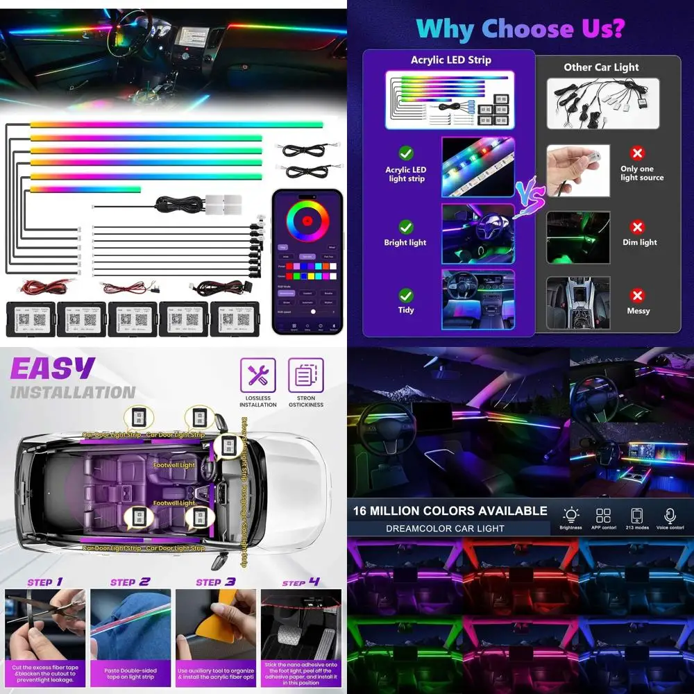 

Acrylic Interior Car LED Strip Light with Wireless APP, RGB 18 in 1 with 175 inches 593 LEDs Fiber Optic Ambient Lighting Kits,