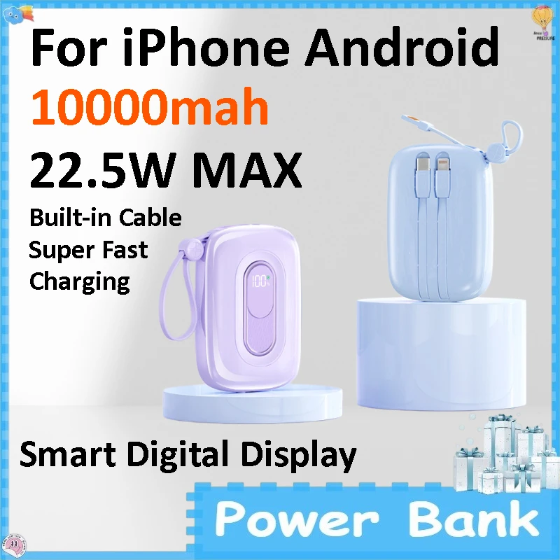 

20000mAh Mini Portable Power Bank Built-in Cable Super Fast Charging External Battery for IPhone Android