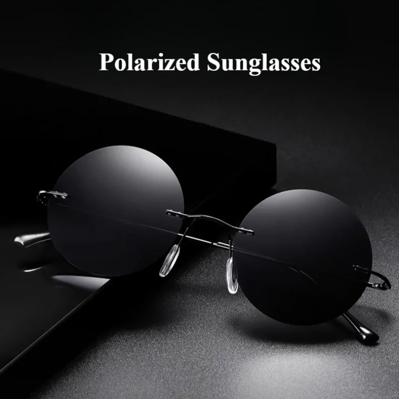 

Pure Titanium Round Rimless Sunglasses for Men New Ultra-light Frameless Circle Shades UV Polarized Sunglasses Driving Fishing