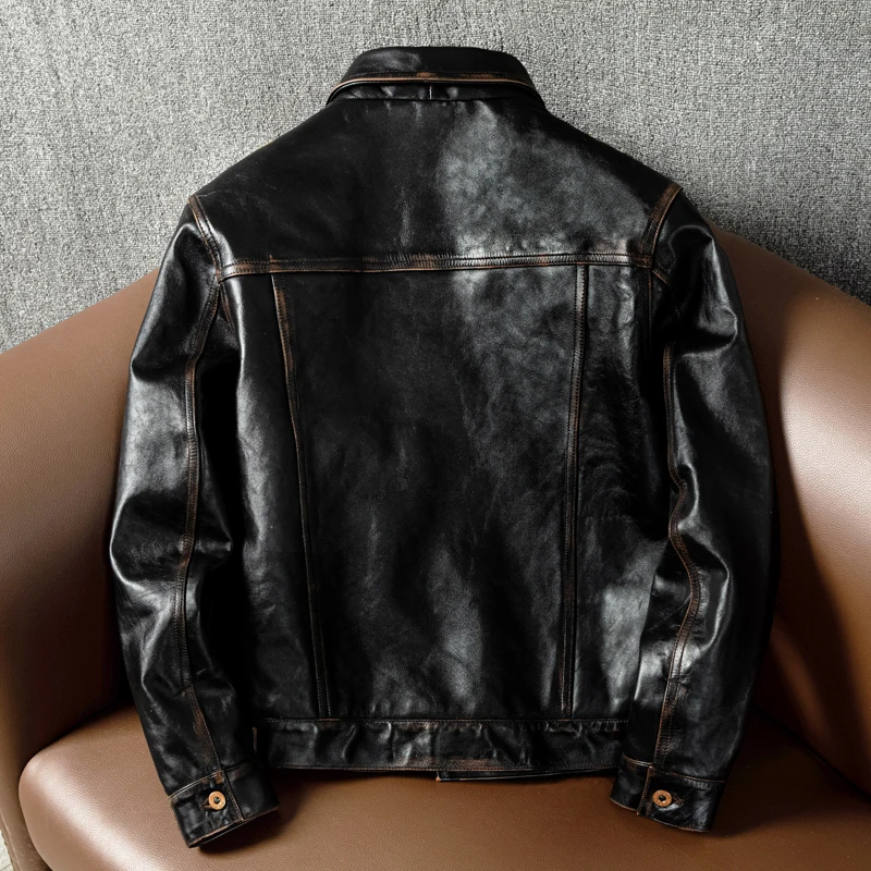Handcrafted Genuine Top Layer Tea Core Horsehide Short Fit Men's Leather Jacket Retro Outerwear Fashionable Urban Casual Style