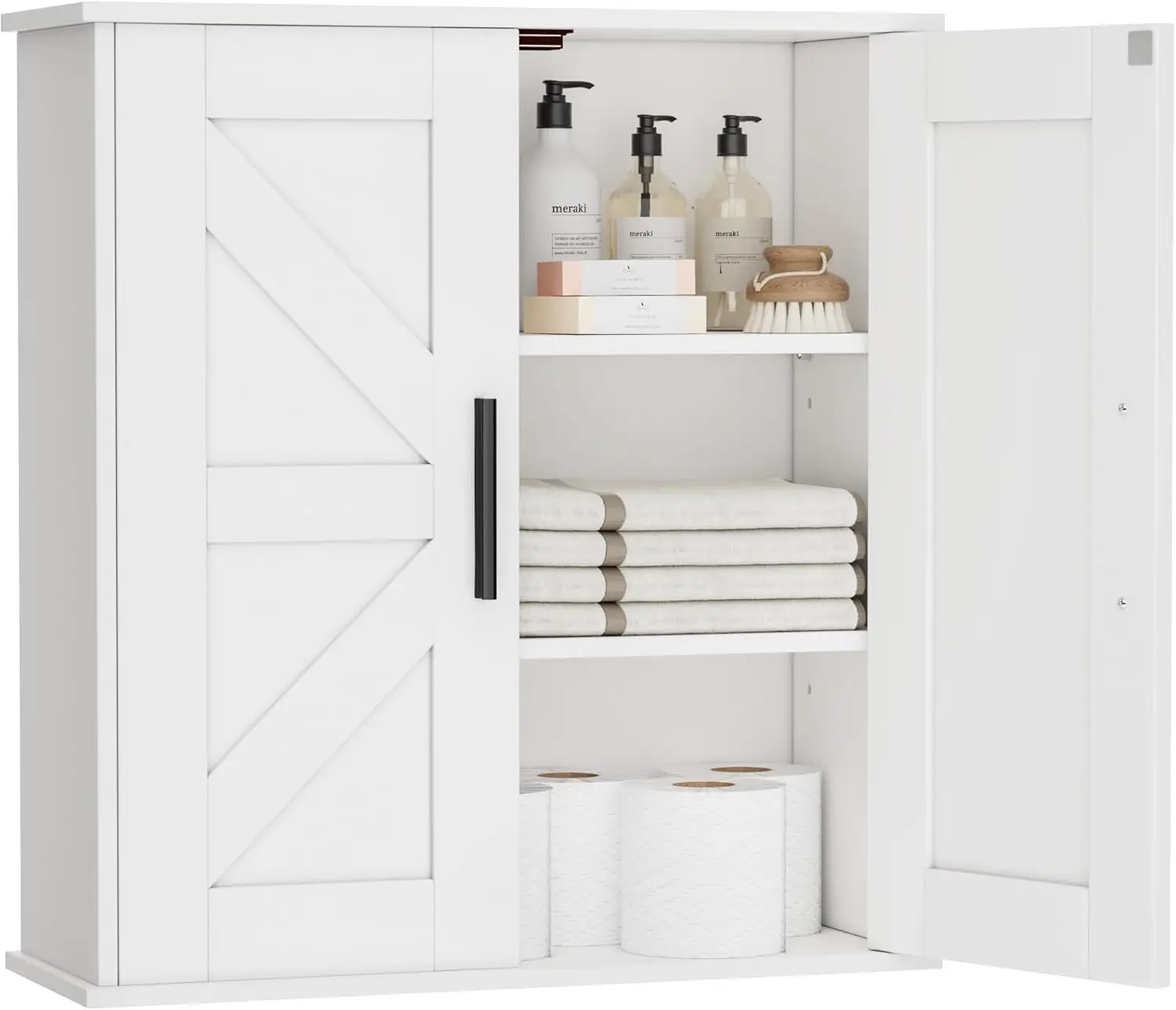 

Wall Mounted Bathroom Cabinet with Barn Doors, 3-Tier Adjustable Shelves, White, 7.9" Deep