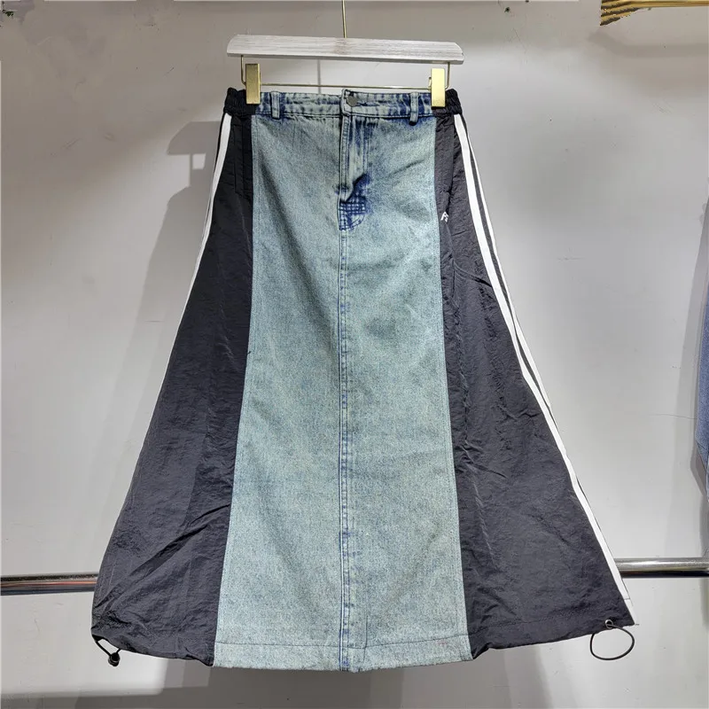 Denim Patchwork Mid Length Skirt 2024 Summer Fashion Trend Retro Sports Leisure New A-line Cargo Skirts Streetwear