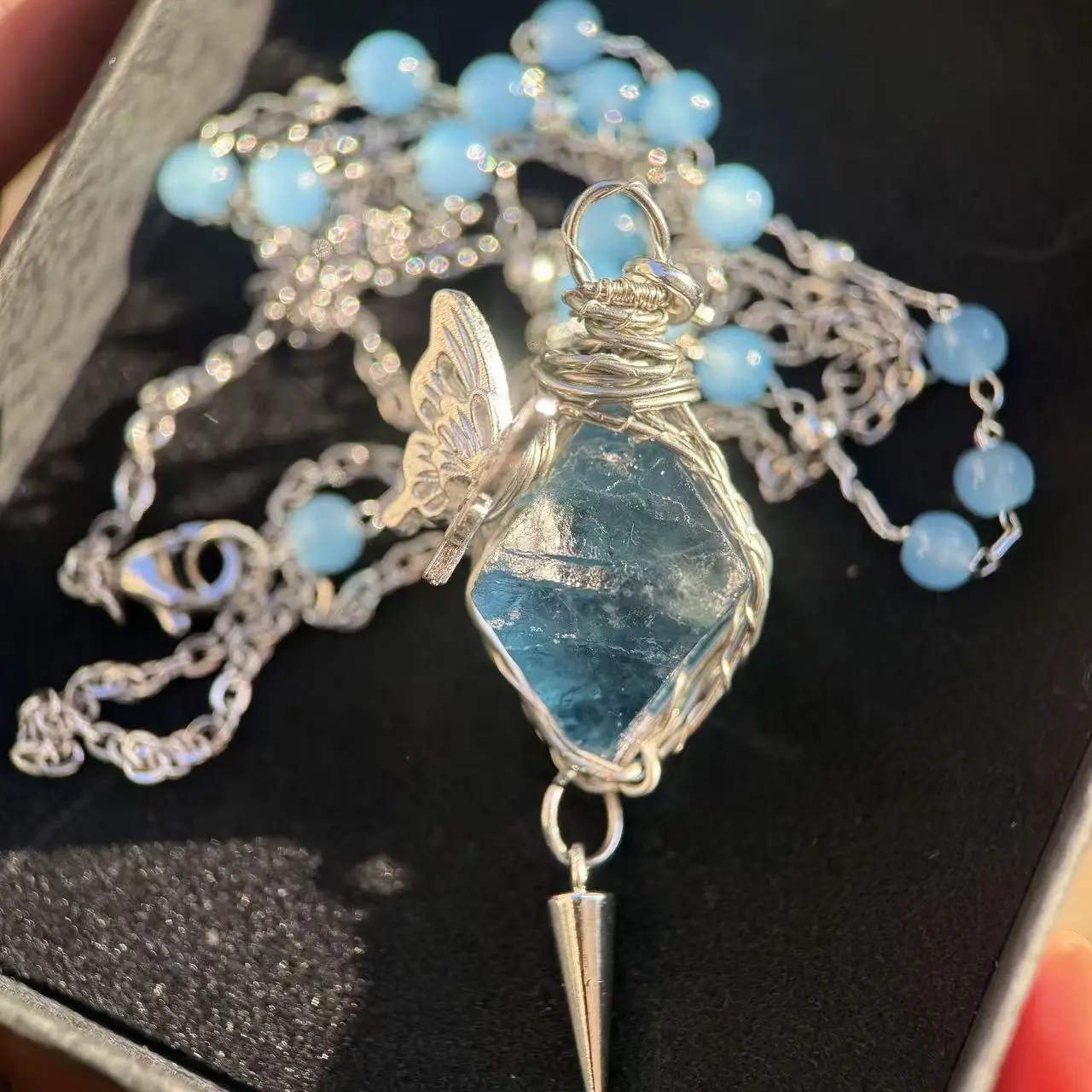 Handmade Wire Wrapped Octahedron Blue Fluorite Pendulum Pendant, Healing Crystal Spiritual Hanging Ornament Decor