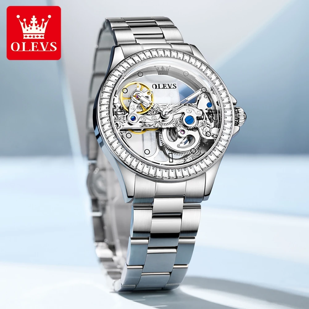 OLEVS-reloj mecánico totalmente ahuecado para mujer, pulsera de lujo a la moda con diamantes, elegante, automático