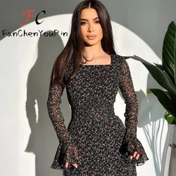 Women's Dress New Elegant Floral Design Sense Square Collar Butterfly Sleeve Skirts Vintage Slim Fit Lace-up Side Slits Dresses