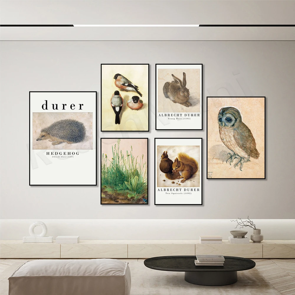 

Young Hare Two Squirrel Hedgehogs Albrecht Durer Poster, Bullfinch, "Large Turf", Albrecht Durer's Six Studies on Pillow Art