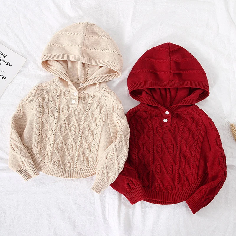 

Infant Baby Girls Kids Long Sleeve Hooded Knit Sweater Baby Kids Girls Solid Color Pullover Sweaters Children's Clothes