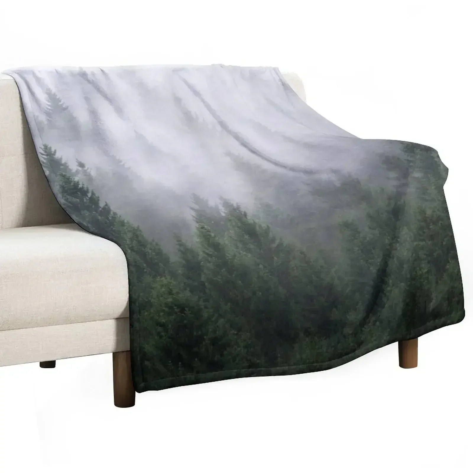 Home Is A Feeling // Misty Retro Fall Wilderness Fairytale Evergreen Forest With Trees Covered In Magic Fog Season Throw Blanket